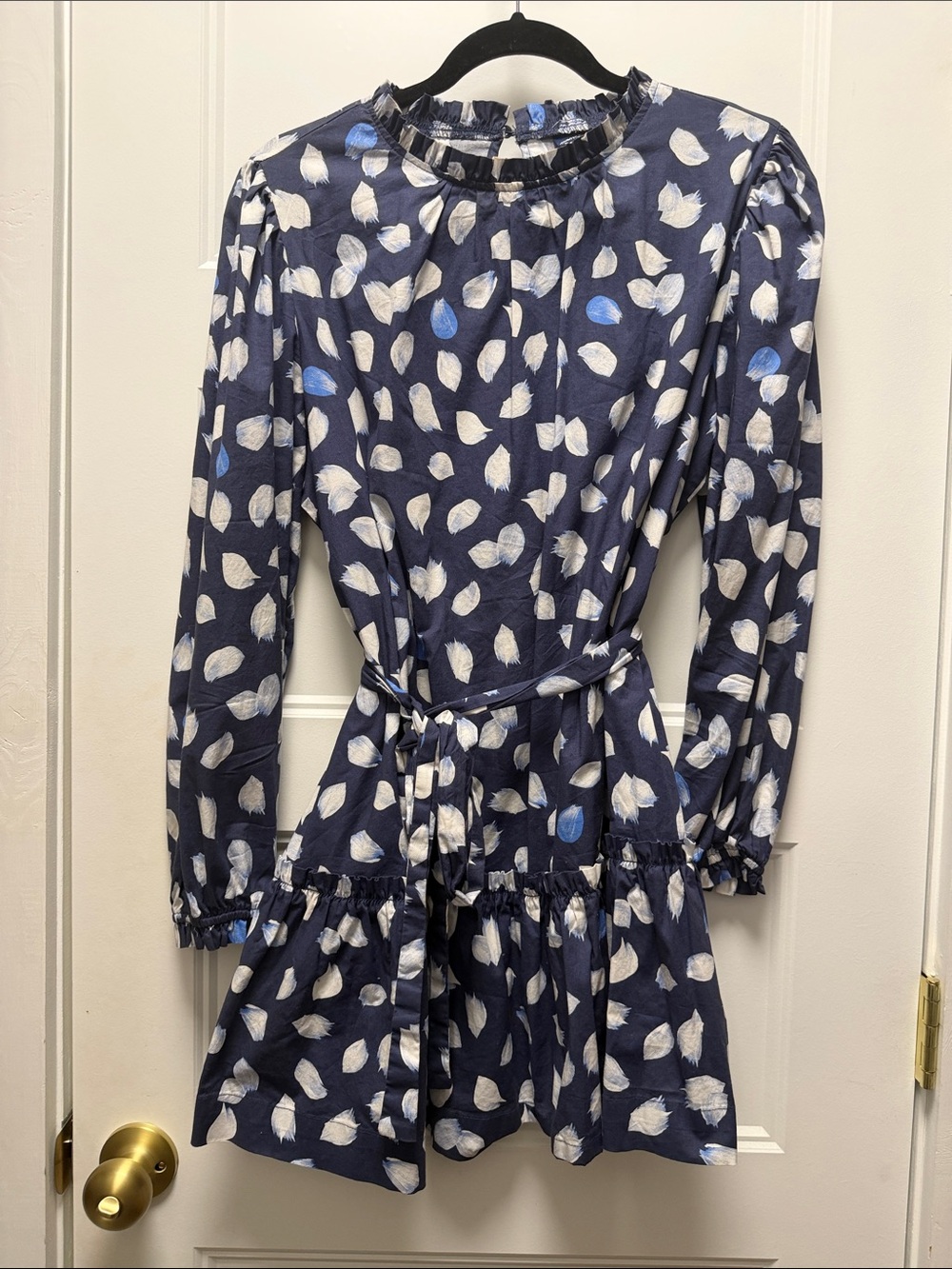 Navy Leaf-Print Tie-Waist Mini Dress